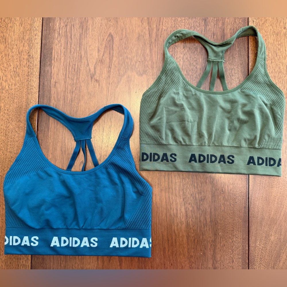 adidas Primeknit Sports Bras Pair of 2 Green & Blue Size Medium